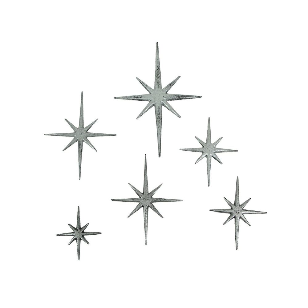 Set Of 6 Metallic Silver Cast Iron Starburst Wall Hangings - Mid Century🤙